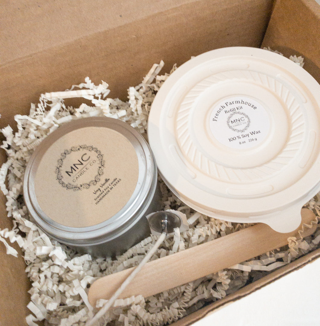 Our refill kit container is made from 100 % biodegradable corn starch, BPA free, Non-GMO, PVC Free, and is microwave safe.  It’s important to us here at MNC Candle Co. to use non-toxic, sustainable, and eco-friendly products.