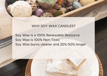 Load image into Gallery viewer, Why soy wax candles?  Soy Wax is a 100% Renewable Resource Soy Wax is 100% Non-Toxic Soy Wax burns cleaner and 25%-50% longer
